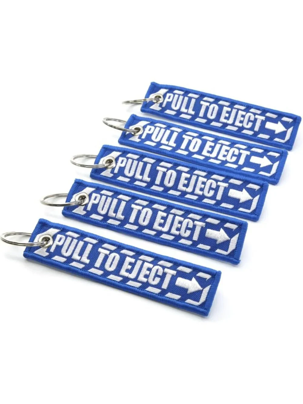 Blue Jet Tag Keychain - PULL TO EJECT Design with White Embroidery - Unique Gift